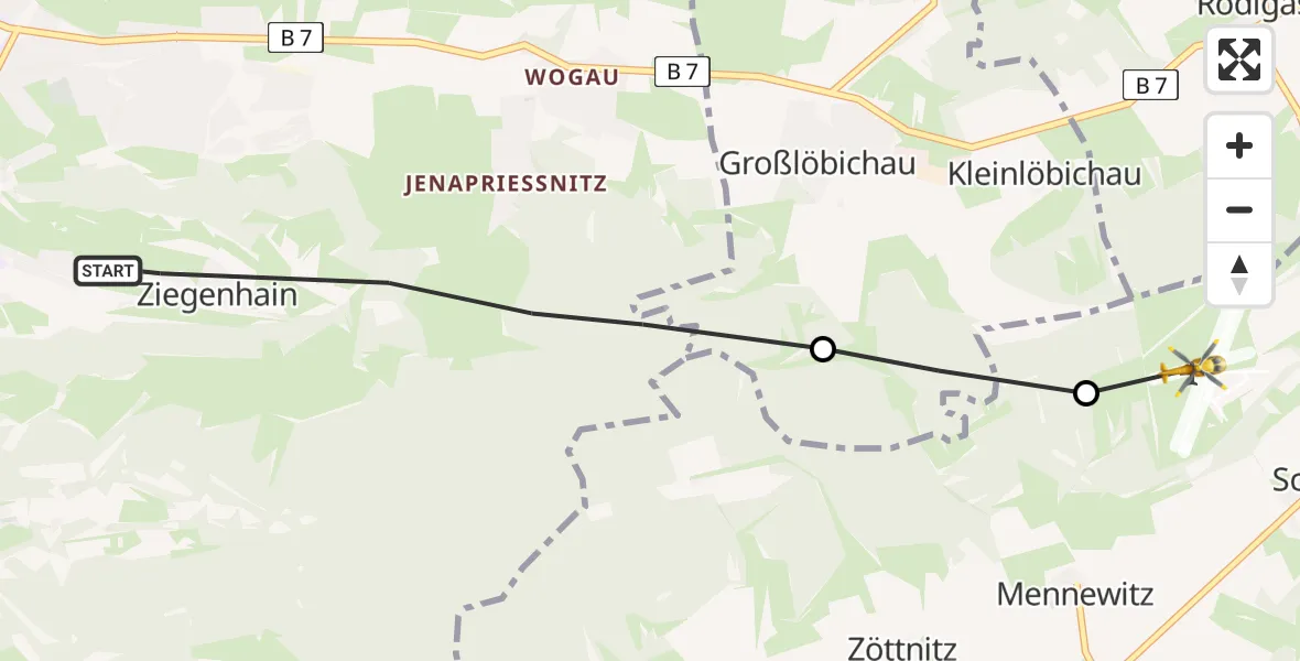 Flugroute Rettungshubschrauber Jena - Jena-Schöngleina Flugplatz, 15 Mai 2026, 19:17