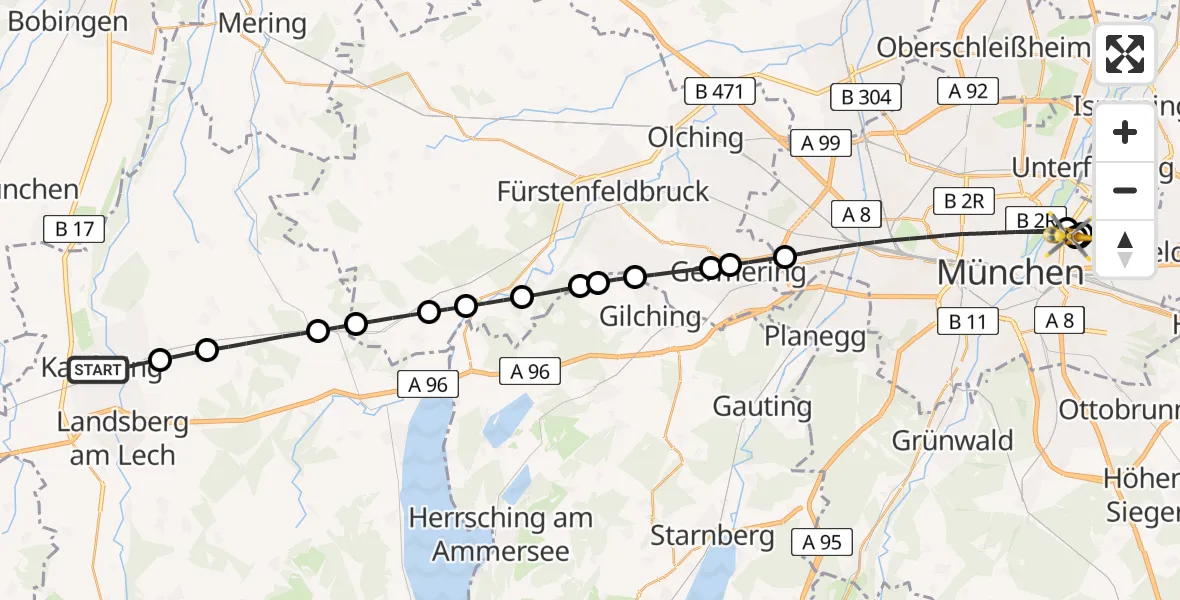 Flugroute Rettungshubschrauber Kaufering - München Bogenhausen Hospital, 15 Mai 2026, 19:19