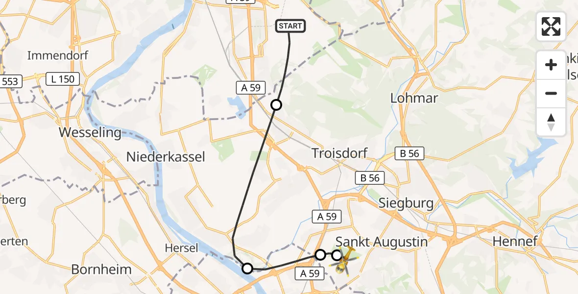 Flugroute Rettungshubschrauber Köln Bonn Flughafen - Bonn-Hangelar Flugplatz, 15 Mai 2026, 19:31