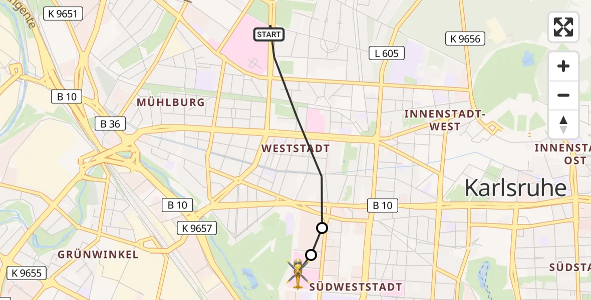 Flugroute Rettungshubschrauber Karlsruhe - Sankt Vincentius Hospital, 15 Mai 2026, 19:41