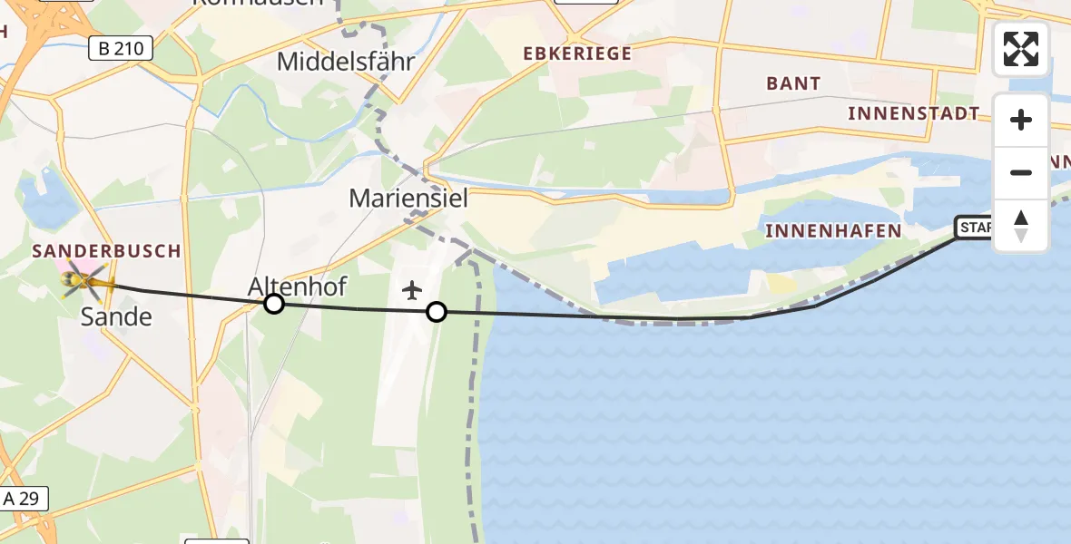 Flugroute Rettungshubschrauber Wilhelmshaven - Sande, 15 Mai 2026, 19:43