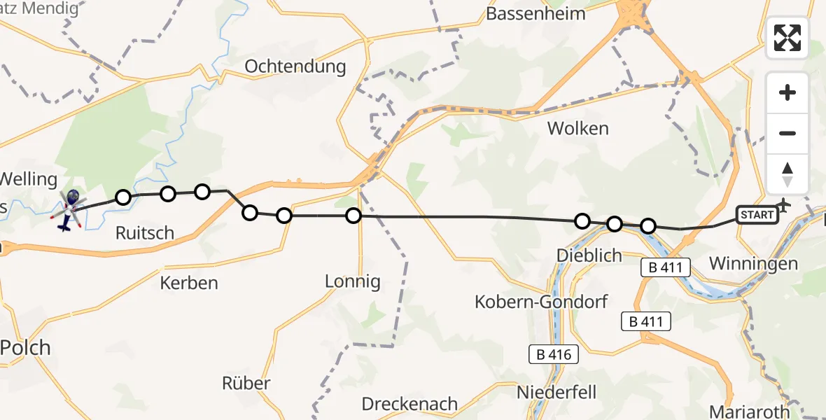 Flugroute Polizeihubschrauber Winningen - Welling, 15 Mai 2026, 19:43