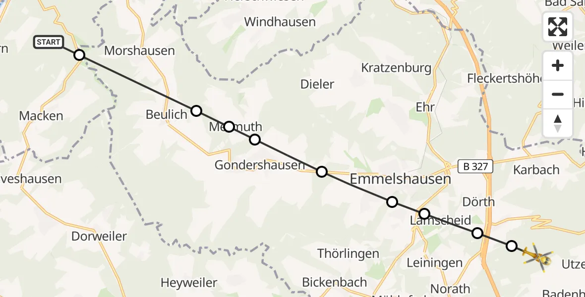 Flugroute Ambulanzhubschrauber Burgen - Utzenhain, 15 Mai 2026, 19:50