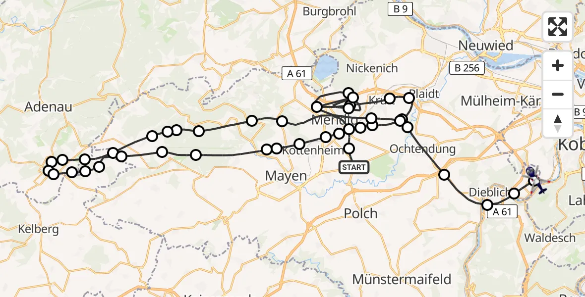 Flugroute Polizeihubschrauber Trimbs - Koblenz-Winningen Flugplatz, 15 Mai 2026, 19:52