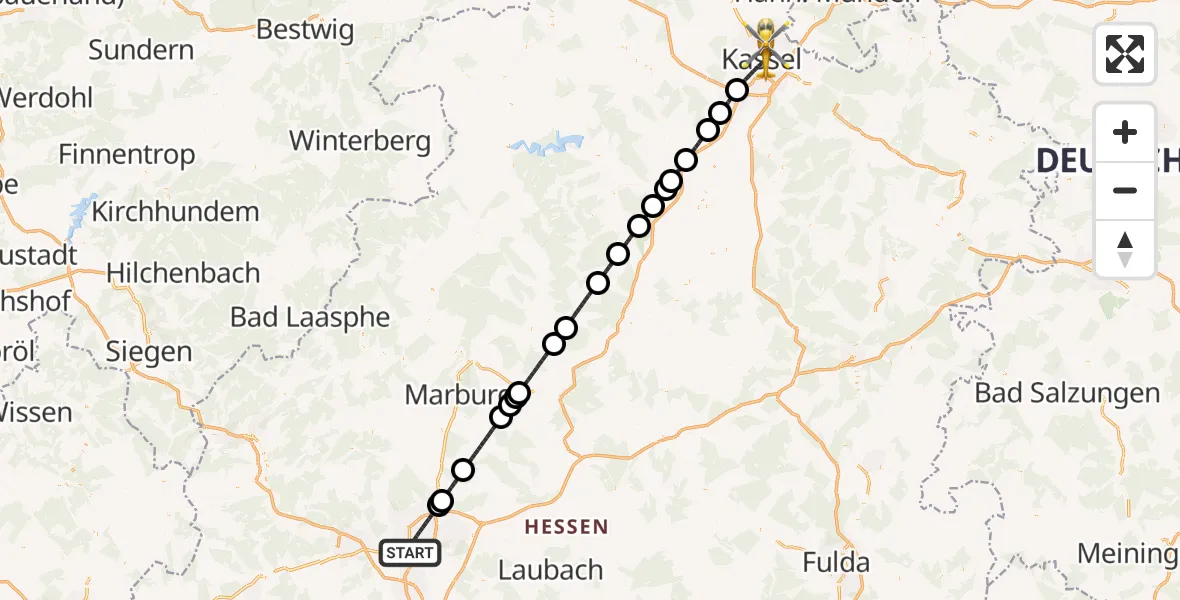 Flugroute Rettungshubschrauber Gießen - Kassel, 15 Mai 2026, 20:01