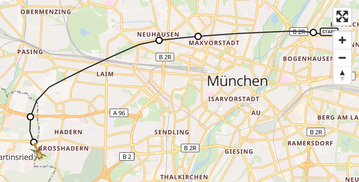 Flugroute Rettungshubschrauber München Bogenhausen Hospital - DRF Air Rescue München Hubschrauberlandeplatz, 15 Mai 2026, 20:01