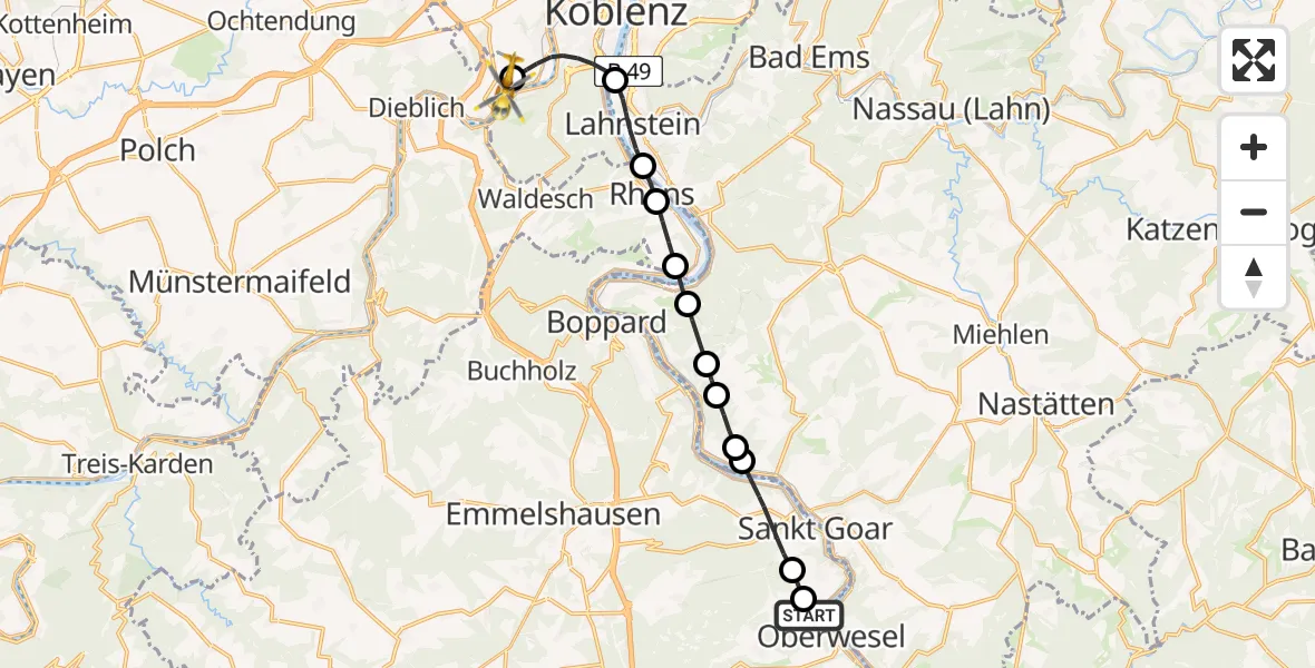 Flugroute Ambulanzhubschrauber Oberwesel - Koblenz-Winningen Flugplatz, 15 Mai 2026, 20:33