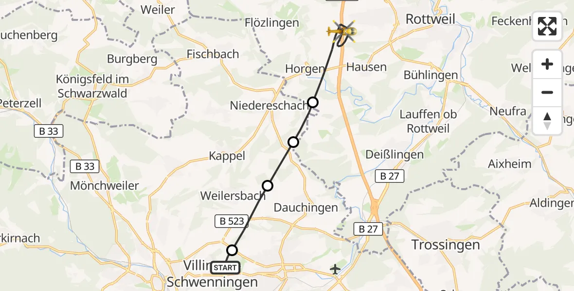 Flugroute Rettungshubschrauber DRF Air Rescue Station Villingen-Schwenningen Hubschrauberlandeplatz (Christoph 11) - Zimmern ob Rottweil, 15 Mai 2026, 20:36