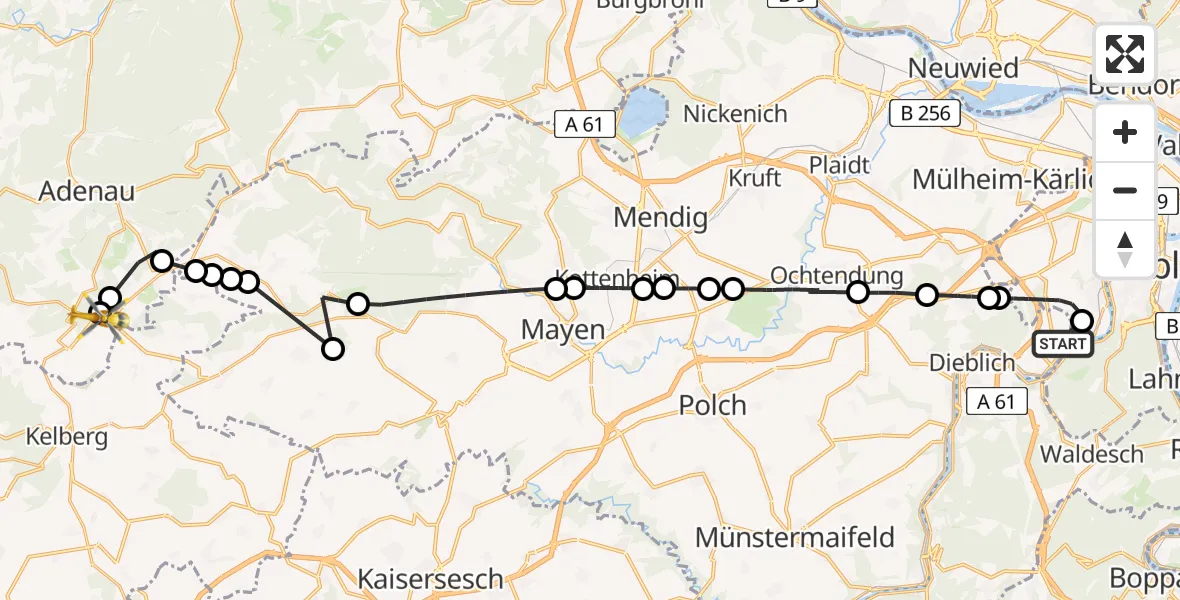 Flugroute Ambulanzhubschrauber Koblenz-Winningen Flugplatz - Nürburgring Hubschrauberlandeplatz, 15 Mai 2026, 20:56