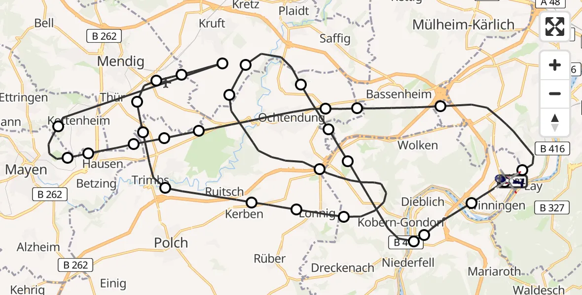 Flugroute Polizeihubschrauber Koblenz-Winningen Flugplatz - Koblenz-Winningen Flugplatz, 15 Mai 2026, 20:57