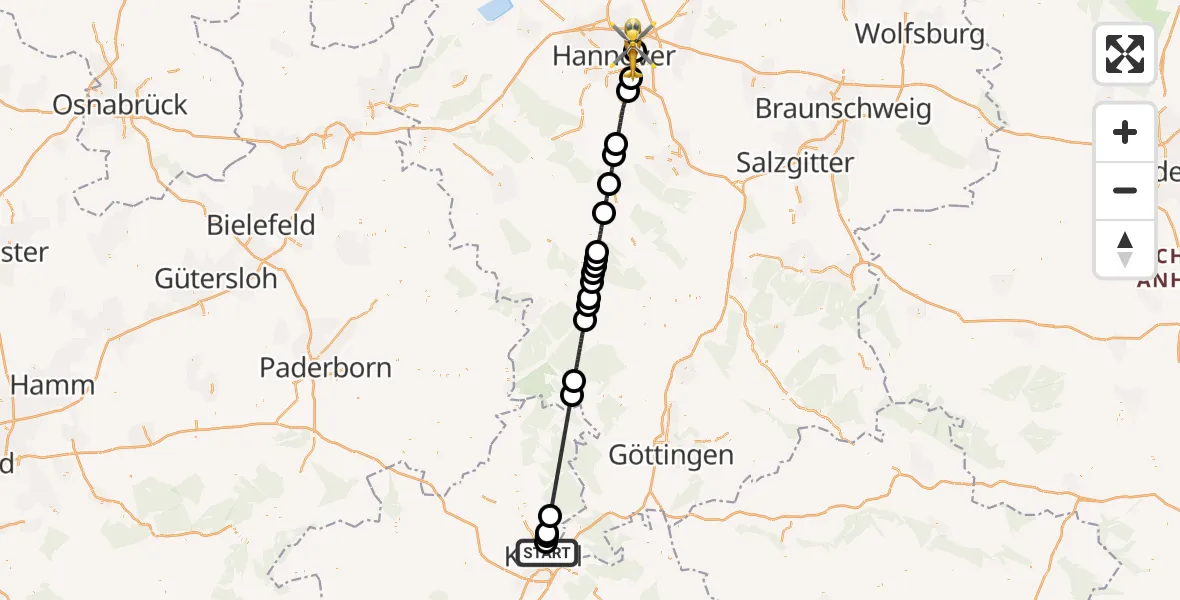 Flugroute Rettungshubschrauber Kassel - Hannover Luftrettung Hubschrauberlandeplatz (Christoph 4), 15 Mai 2026, 21:06