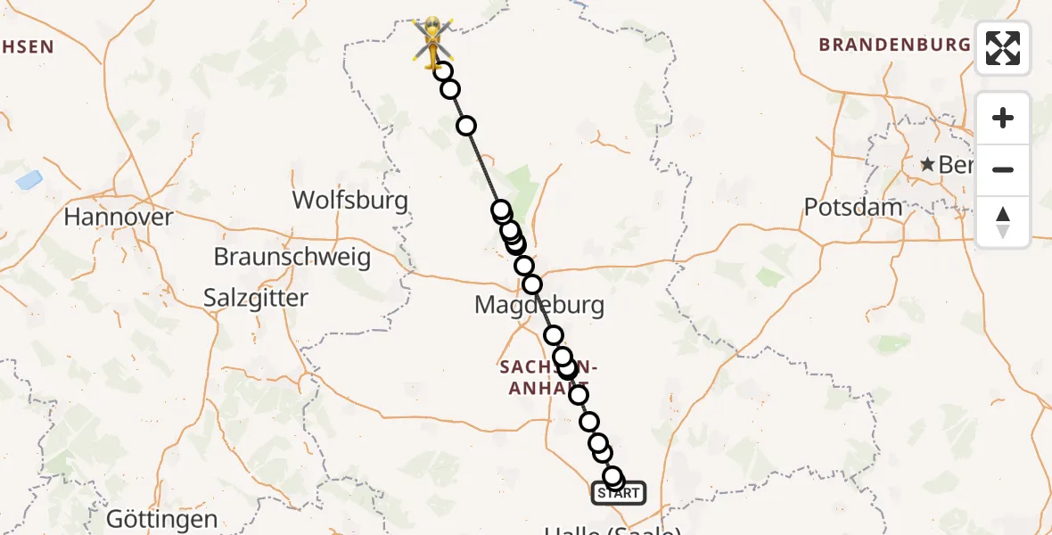 Flugroute Rettungshubschrauber Petersberg - Salzwedel, 15 Mai 2026, 21:22