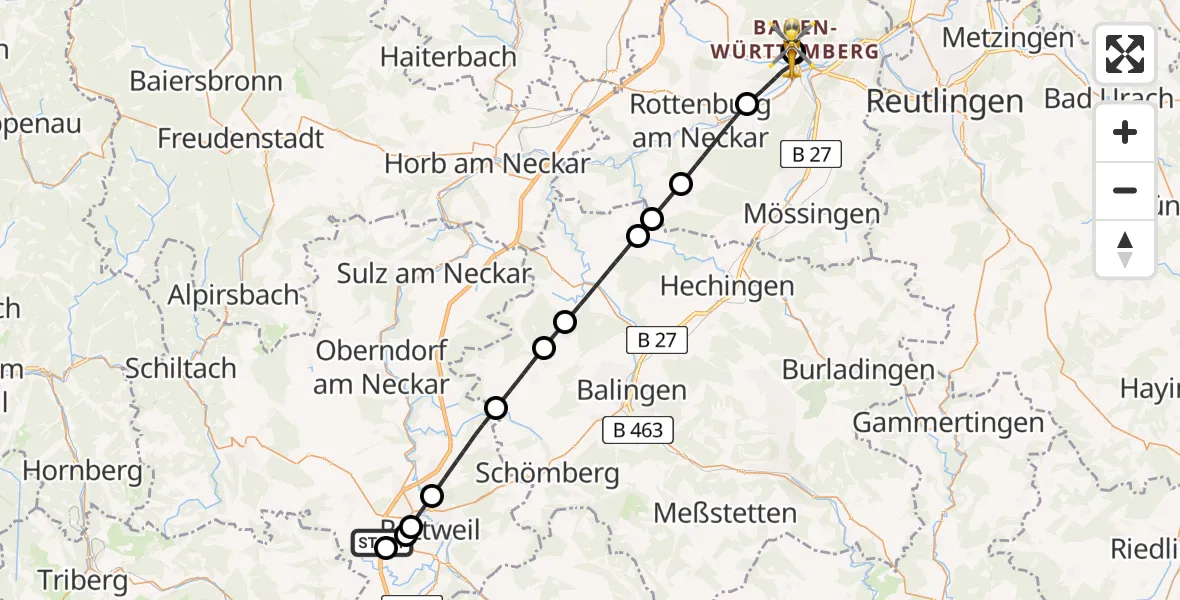 Flugroute Rettungshubschrauber Zimmern ob Rottweil - Tübingen University Hospital, 15 Mai 2026, 21:29