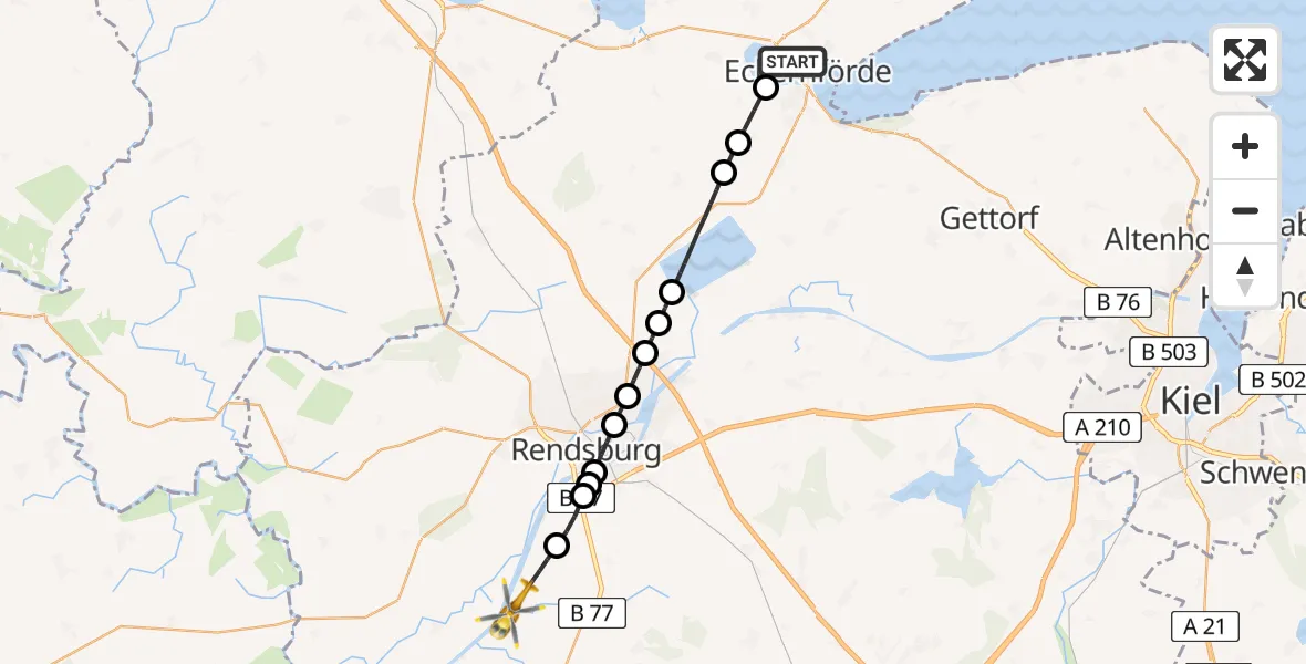 Flugroute Rettungshubschrauber Eckernförde - Schülp b.Rendsburg, 15 Mai 2026, 21:45