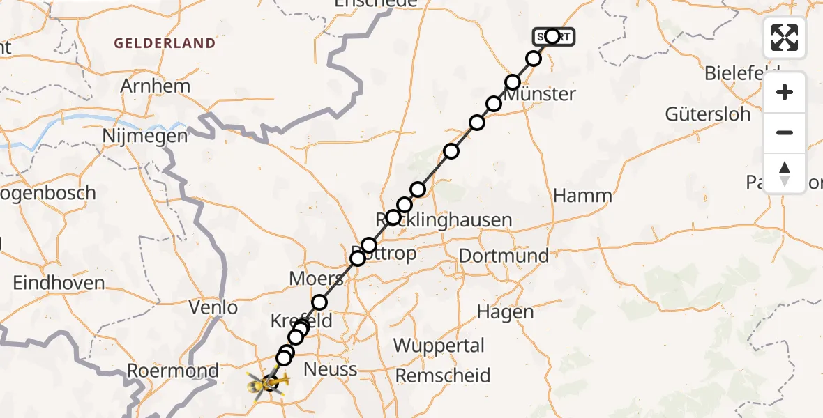 Flugroute Ambulanzhubschrauber Christoph  Westfalen-ADAC - Elisabeth Hospital Rheydt, 15 Mai 2026, 22:05