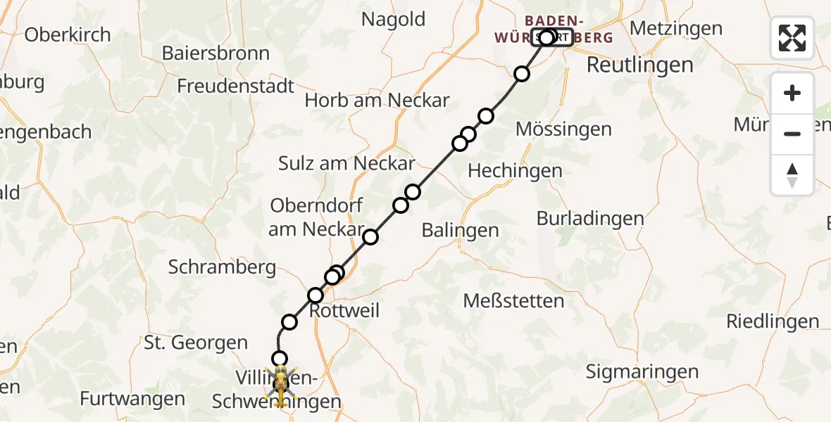 Flugroute Rettungshubschrauber Tübingen University Hospital - DRF Air Rescue Station Villingen-Schwenningen Hubschrauberlandeplatz (Christoph 11), 15 Mai 2026, 22:21