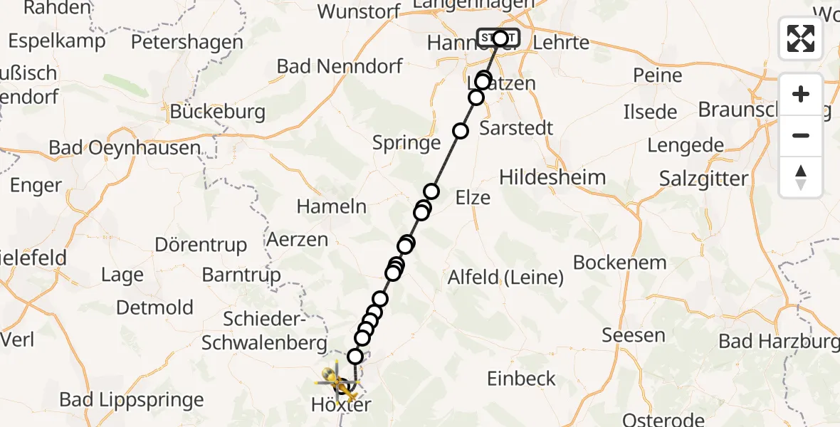 Flugroute Rettungshubschrauber Hannover Luftrettung Hubschrauberlandeplatz (Christoph 4) - Höxter-Holzminden Flugplatz, 15 Mai 2026, 22:24