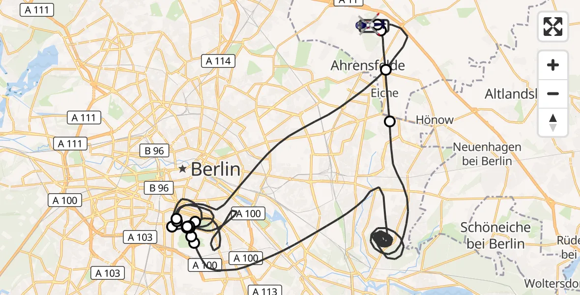Flugroute Polizeihubschrauber Ahrensfelde Hubschrauberlandeplatz - Ahrensfelde Hubschrauberlandeplatz, 15 Mai 2026, 22:30