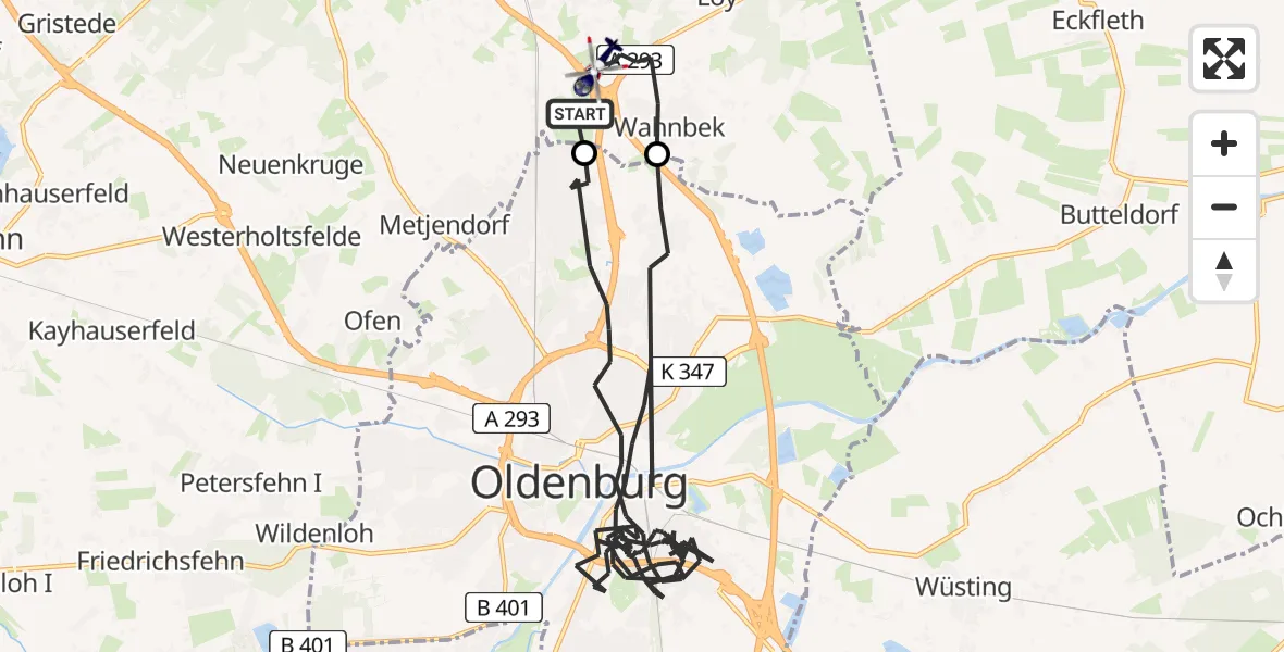 Flugroute Polizeihubschrauber Rastede - Oldenburg Police Hubschrauberlandeplatz, 15 Mai 2026, 22:33