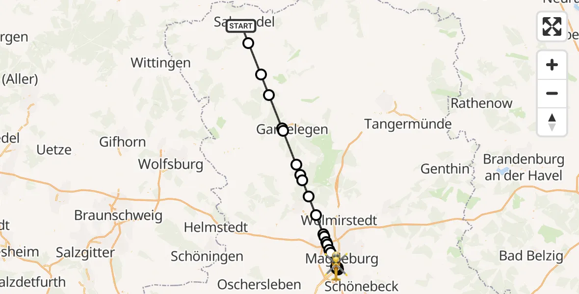 Flugroute Rettungshubschrauber Salzwedel - Magdeburg, 15 Mai 2026, 22:45