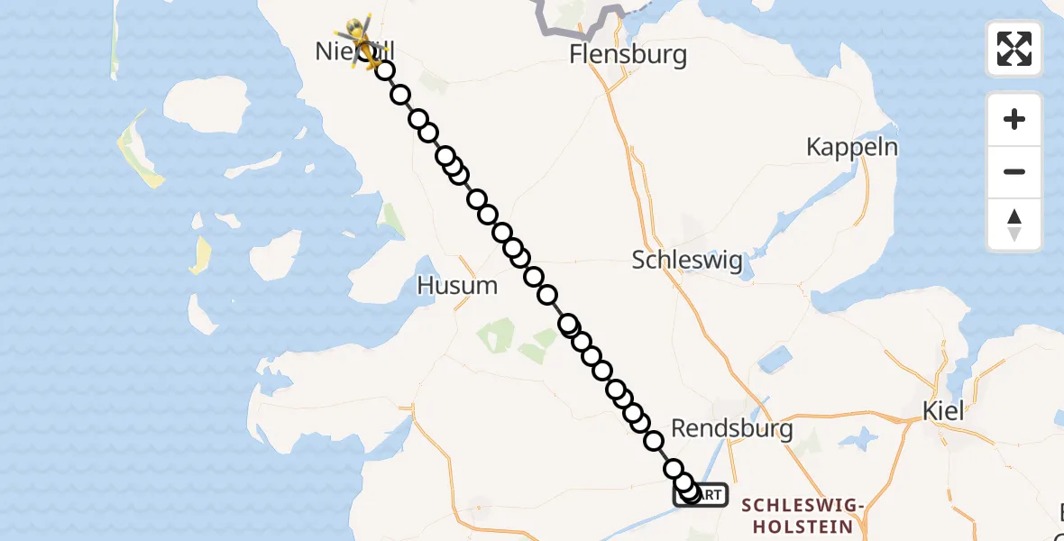 Flugroute Rettungshubschrauber Hörsten - Niebüll, 15 Mai 2026, 23:01