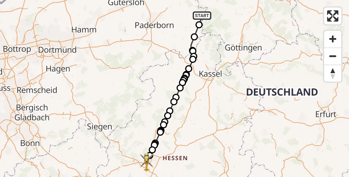 Flugroute Rettungshubschrauber Höxter - Gießen, 15 Mai 2026, 23:16