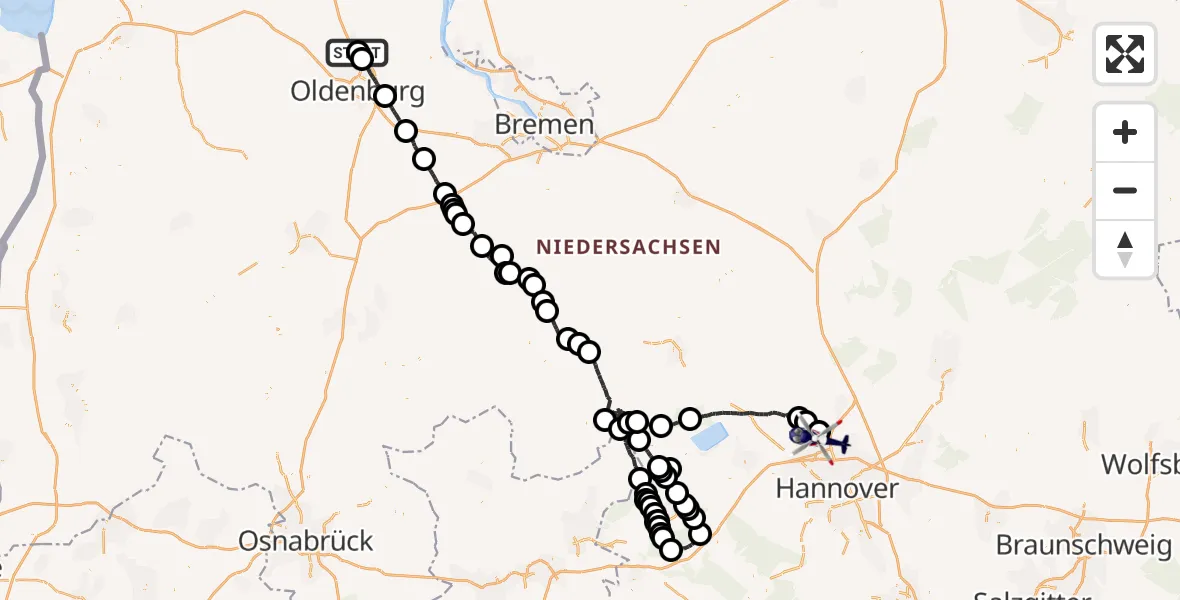 Flugroute Polizeihubschrauber Oldenburg Police Hubschrauberlandeplatz - Flughafen Hannover, 15 Mai 2026, 23:48