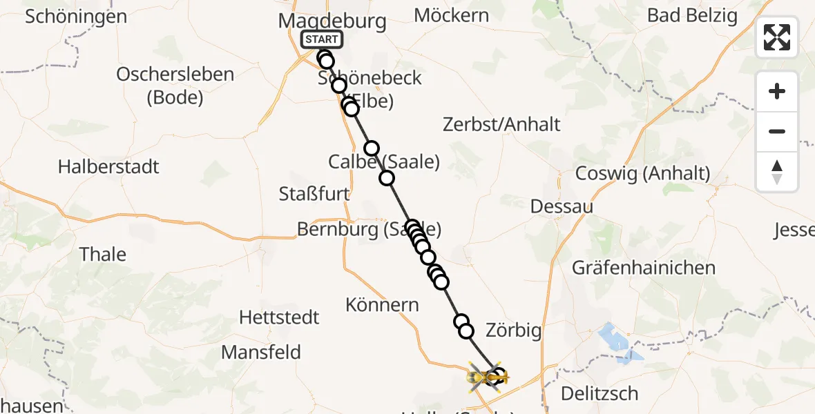 Flugroute Rettungshubschrauber Magdeburg - Halle-Oppin Flugplatz, 16 Mai 2026, 00:05