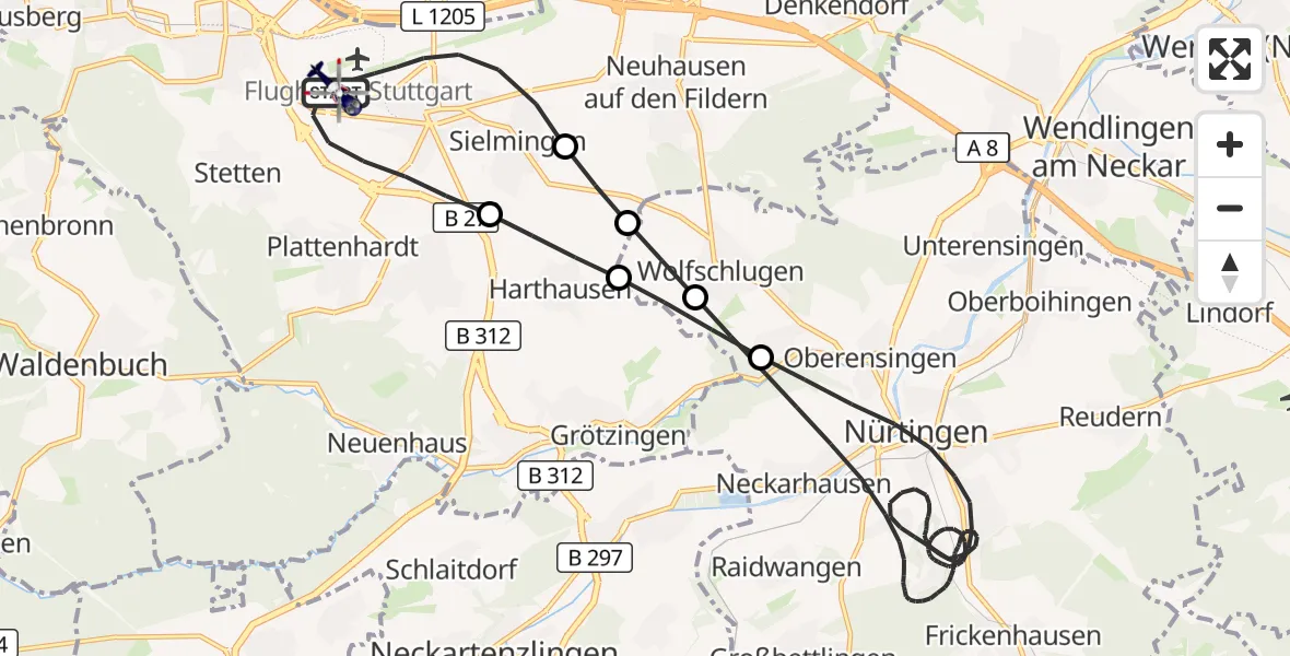 Flugroute Polizeihubschrauber Flughafen Stuttgart - Flughafen Stuttgart, 16 Mai 2026, 01:34
