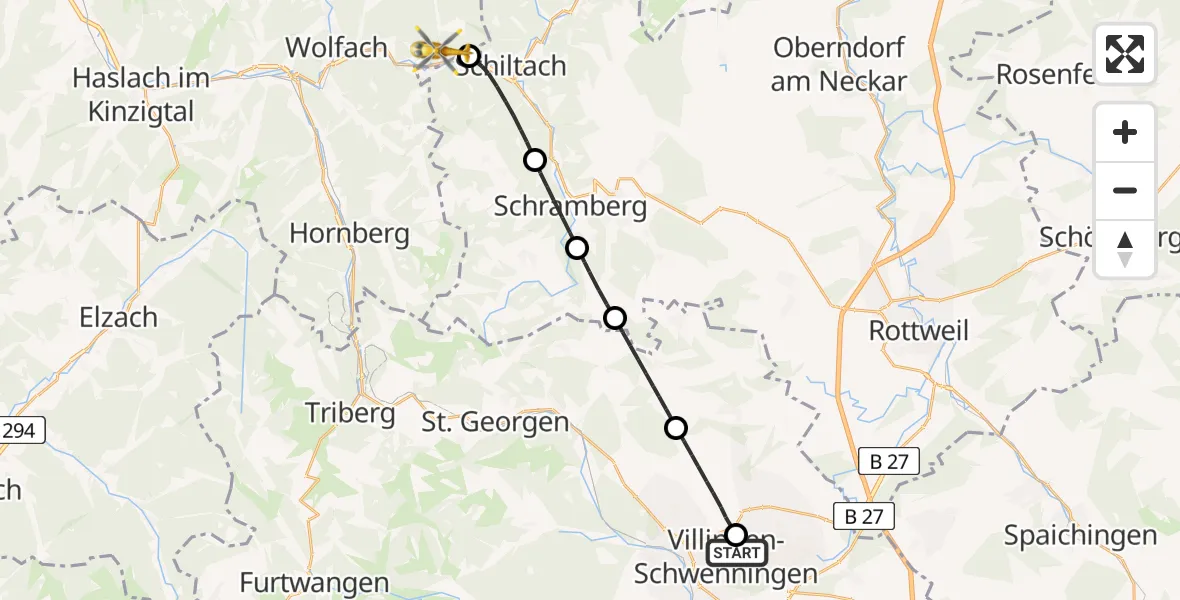 Flugroute Rettungshubschrauber DRF Air Rescue Station Villingen-Schwenningen Hubschrauberlandeplatz (Christoph 11) - Wolfach, 16 Mai 2026, 04:02
