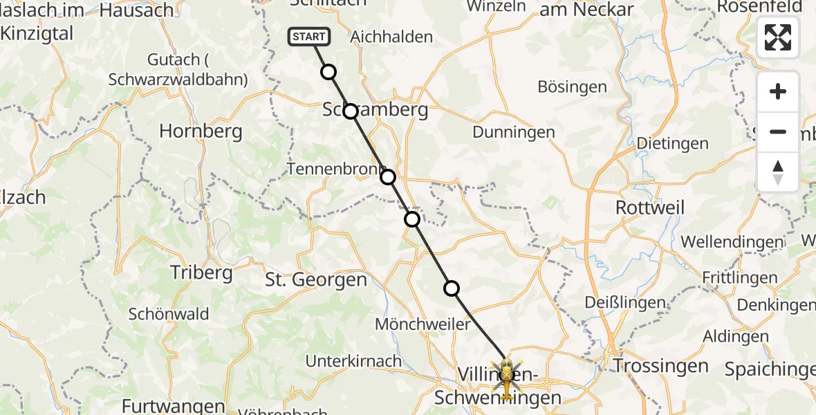 Flugroute Rettungshubschrauber Schiltach - DRF Air Rescue Station Villingen-Schwenningen Hubschrauberlandeplatz (Christoph 11), 16 Mai 2026, 04:28