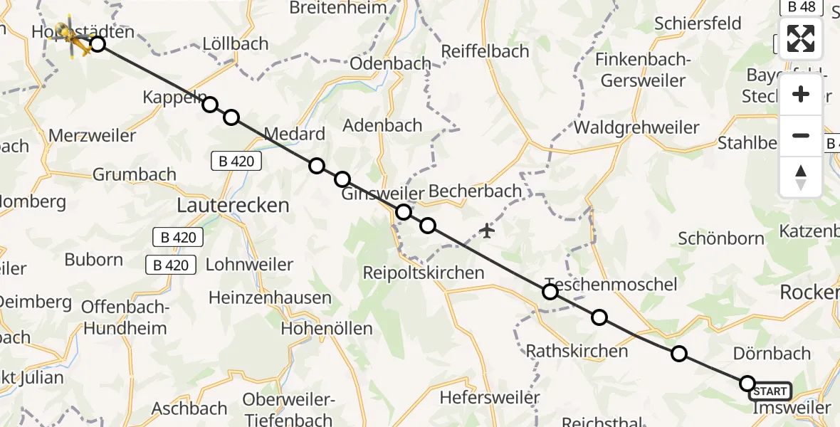 Flugroute Rettungshubschrauber Imsweiler UL - Hoppstädten, 16 Mai 2026, 05:08