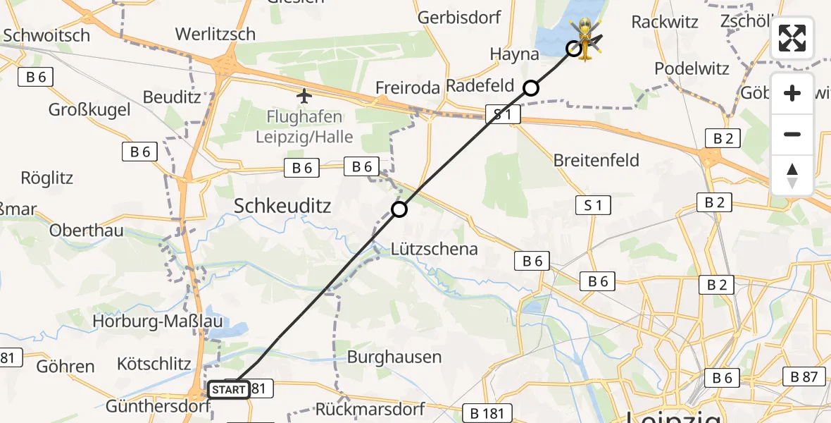 Flugroute Rettungshubschrauber Schkeuditz - Rackwitz, 16 Mai 2026, 05:14