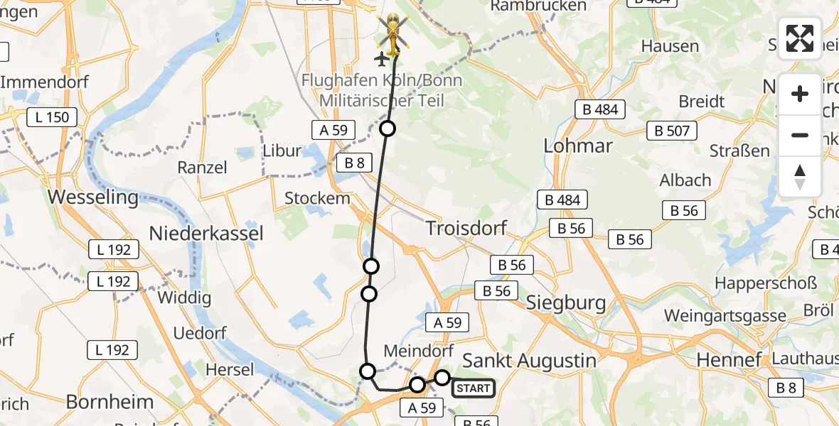 Flugroute Rettungshubschrauber Bonn-Hangelar Flugplatz - Köln Bonn Flughafen, 16 Mai 2026, 05:21
