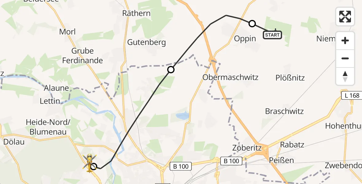 Flugroute Rettungshubschrauber Halle-Oppin Flugplatz - Halle (Saale) University Hospital, 16 Mai 2026, 05:22