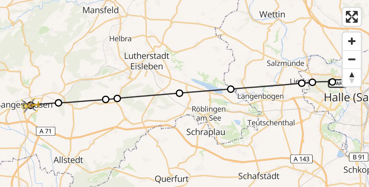 Flugroute Rettungshubschrauber Halle (Saale) University Hospital - Helios Clinic Mansfeld-Südharz, 16 Mai 2026, 05:42