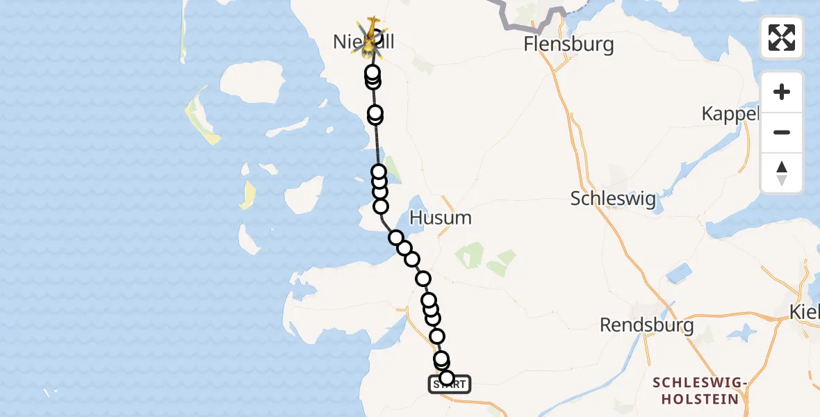 Flugroute Rettungshubschrauber Heide - Niebüll, 16 Mai 2026, 05:50