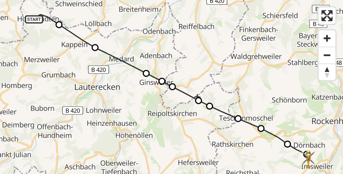 Flugroute Rettungshubschrauber Hoppstädten - Imsweiler UL, 16 Mai 2026, 05:53