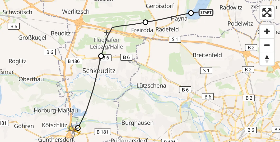 Flugroute Rettungshubschrauber Rackwitz - ADAC Air Rescue Station Leipzig/Schkeuditz-Dölzig Hubschrauberlandeplatz (Christoph 61), 16 Mai 2026, 05:59