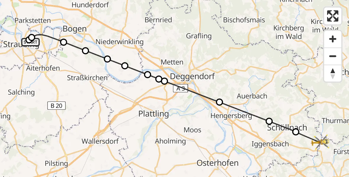 Flugroute Rettungshubschrauber Sankt Elisabeth Hospital Straubing - Außernzell, 16 Mai 2026, 06:08