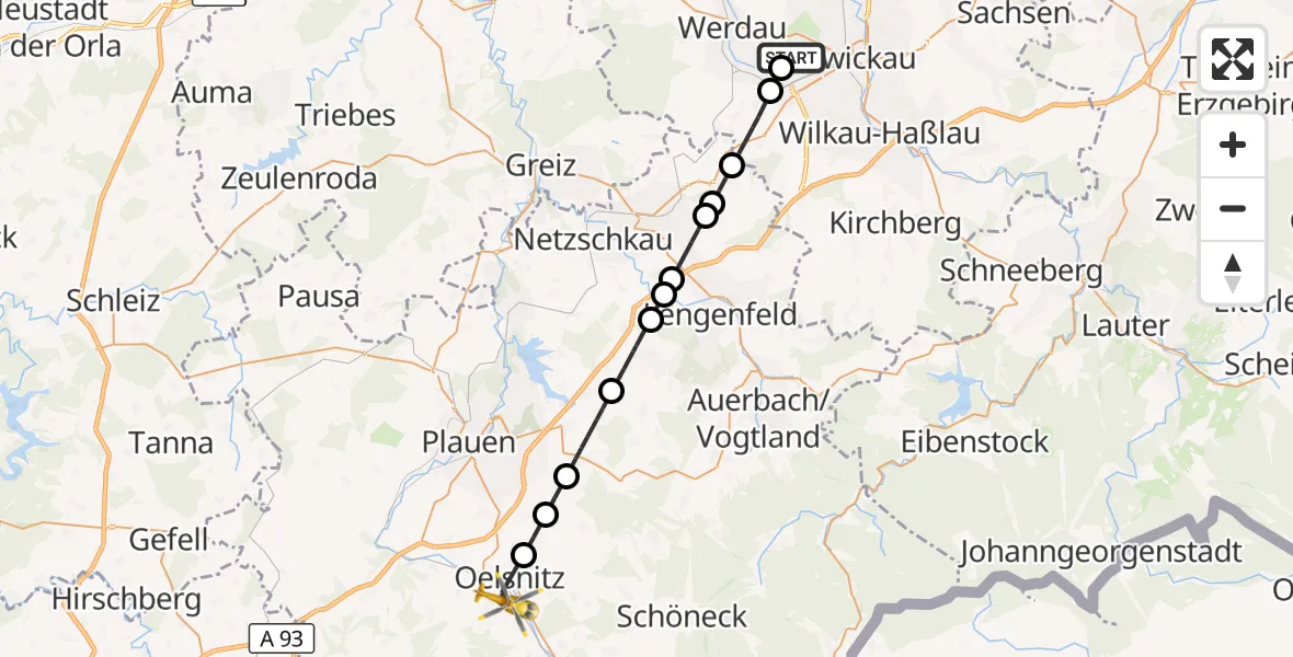 Flugroute Rettungshubschrauber ADAC Air Rescue Station Zwickau Hubschrauberlandeplatz - Oelsnitz/Vogtl., 16 Mai 2026, 06:10