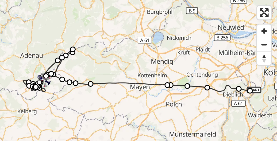 Flugroute Polizeihubschrauber Koblenz-Winningen Flugplatz - Meuspath, 16 Mai 2026, 06:13