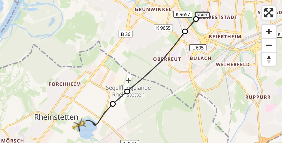 Flugroute Rettungshubschrauber Sankt Vincentius Hospital - Rheinstetten, 16 Mai 2026, 06:31