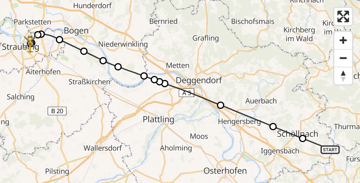 Flugroute Rettungshubschrauber Außernzell - Sankt Elisabeth Hospital Straubing, 16 Mai 2026, 06:41