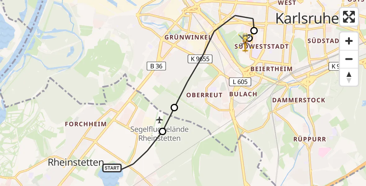 Flugroute Rettungshubschrauber Rheinstetten - Sankt Vincentius Hospital, 16 Mai 2026, 06:42