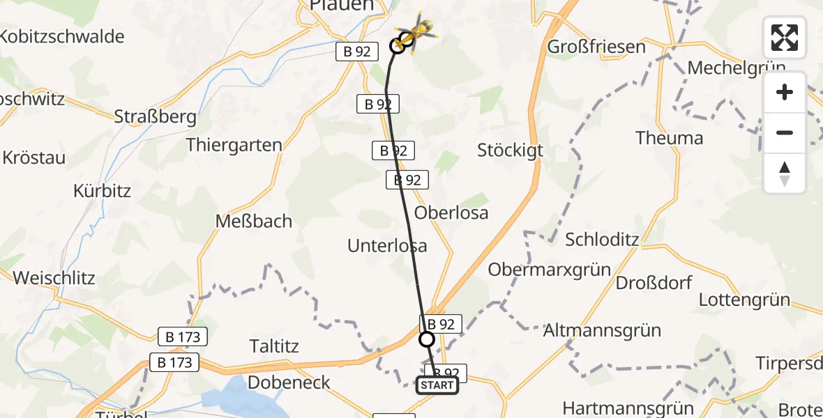 Flugroute Rettungshubschrauber Oelsnitz/Vogtl. - Helios Clinic Plauen, 16 Mai 2026, 06:51