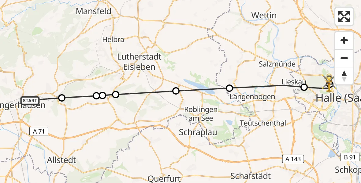 Flugroute Rettungshubschrauber Sangerhausen - Halle (Saale) University Hospital, 16 Mai 2026, 06:53