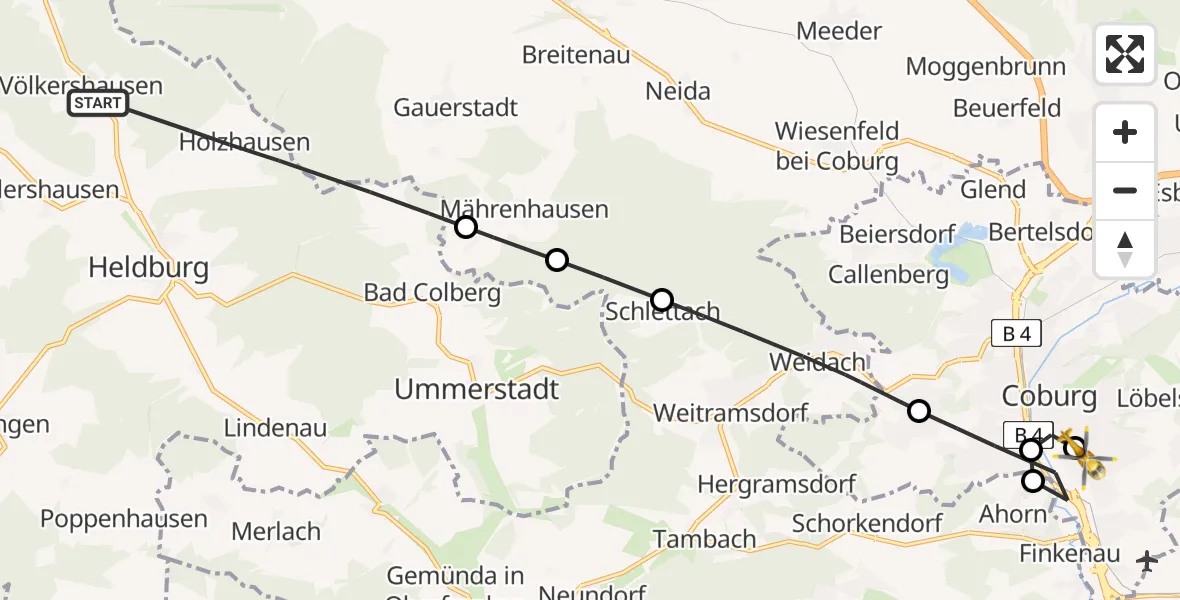 Flugroute Rettungshubschrauber Heldburg - Regiomed Hospital Coburg, 16 Mai 2026, 07:09
