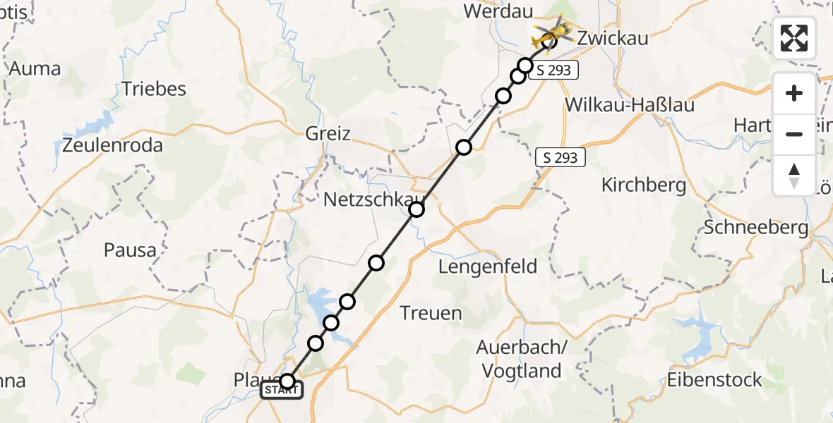 Flugroute Rettungshubschrauber Helios Clinic Plauen - ADAC Air Rescue Station Zwickau Hubschrauberlandeplatz, 16 Mai 2026, 07:14