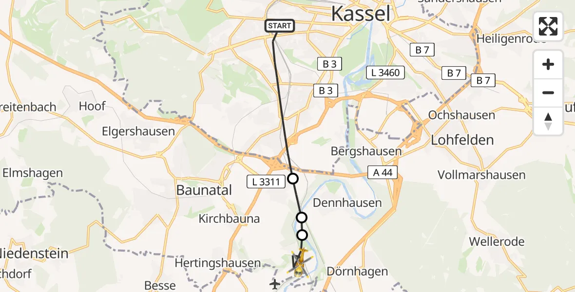 Flugroute Rettungshubschrauber Kassel - Baunatal, 16 Mai 2026, 07:19
